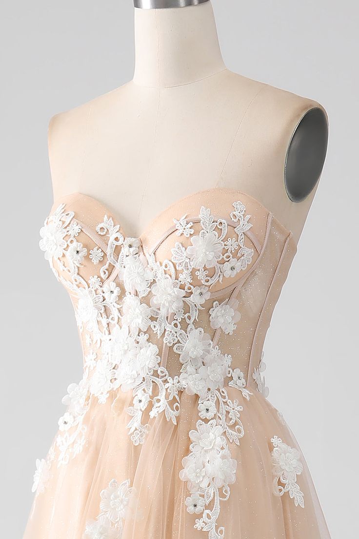 A Line Champagne Strapless Corset Tulle Prom Dress with Appliques DP1396