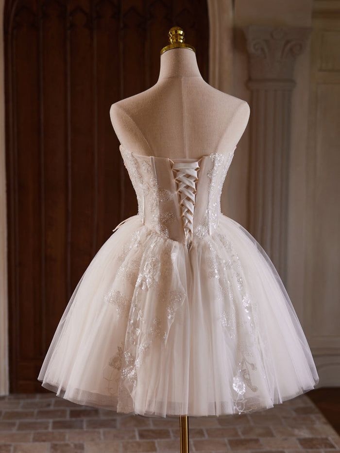 Cute A Line Sweetheart Neck Ivory Beads Tulle Short Homecoming Dresses DP1338