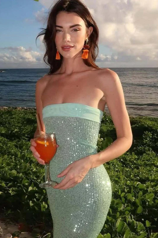 Shiny Green Sequin SHeath Strapless Prom Dress Party Evening Dress DP5379