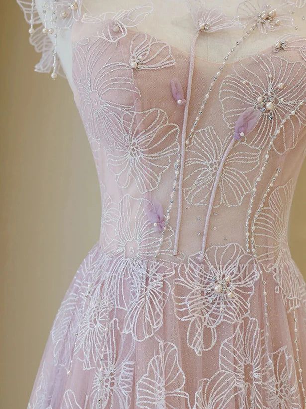 Light Pink A Line Spaghetti strap Flower Applique Lace Tulle Long Prom Dress DP756