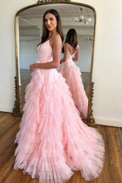 Pink Ball Gown Spaghetti Strap Layered Tulle Long Prom Dress DP7749