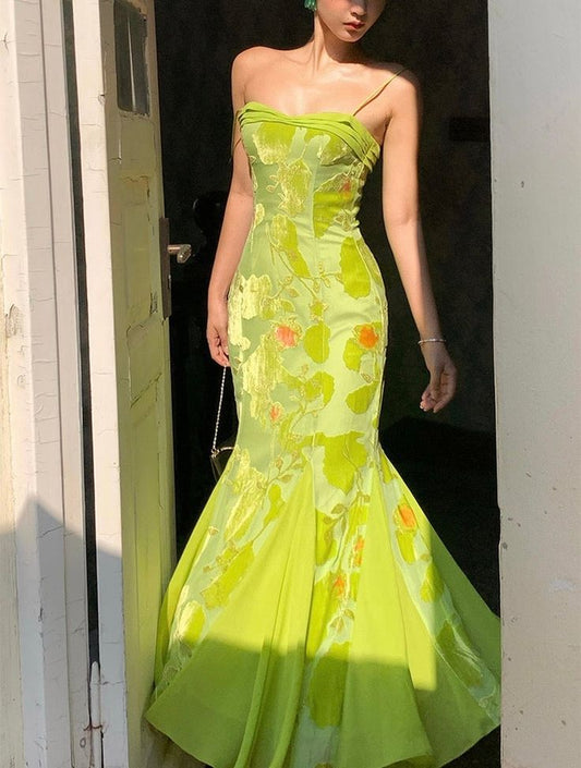 Mermaid Spaghetti Strap Green Satin Long Prom Dresses DP787