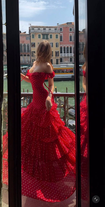 Charming Red Polka Dot A Line Off the Shoulder Layered Chiffon Prom Dress Evening Dresses DP7581