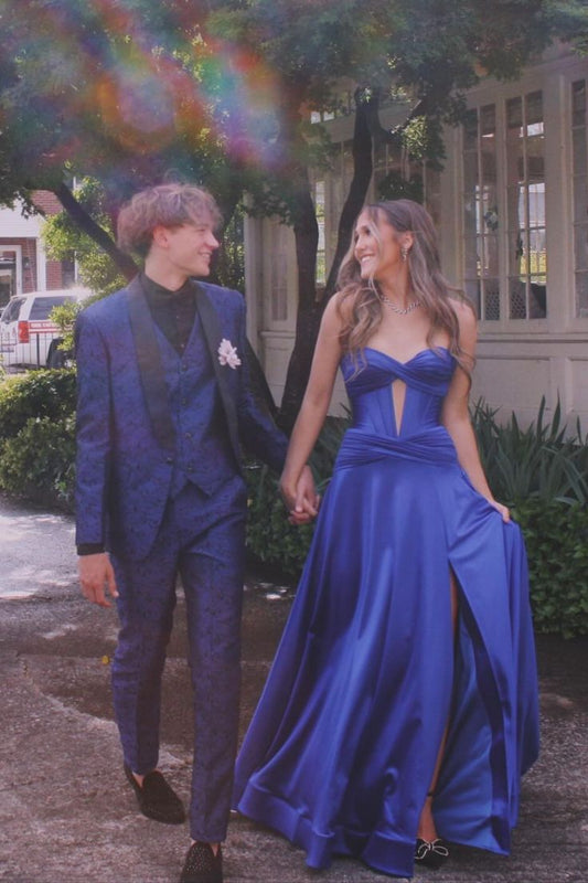 A Line Sweetheart Royal Blue Satin Long Prom Dress Formal Dress With Slit DP803