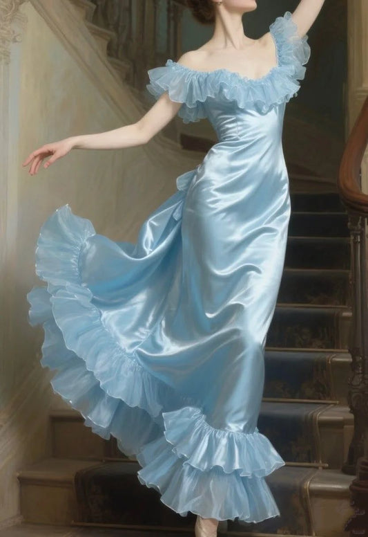 Dreamy Blue Mermaid Off the Shoulder Satin Prom Dress DP4589