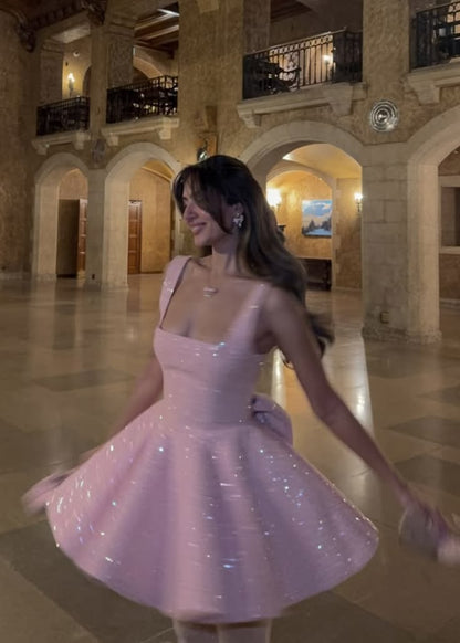 Princess Pink A Line Straps Sequin Short Prom Dress Homecoming Dress DP7426