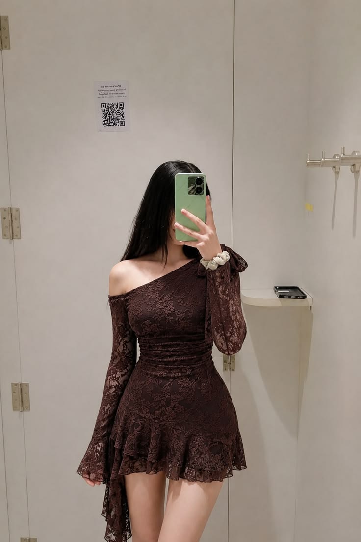 Charming Brown A Line Long Sleeve Lace Short Prom Dress Homecoming Dress DP6754