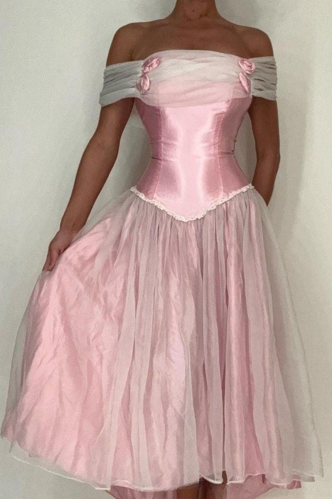 Vintage A Line Off the Shoulder White Tulle Pink Satin Prom Dress Evening Dress DP5611