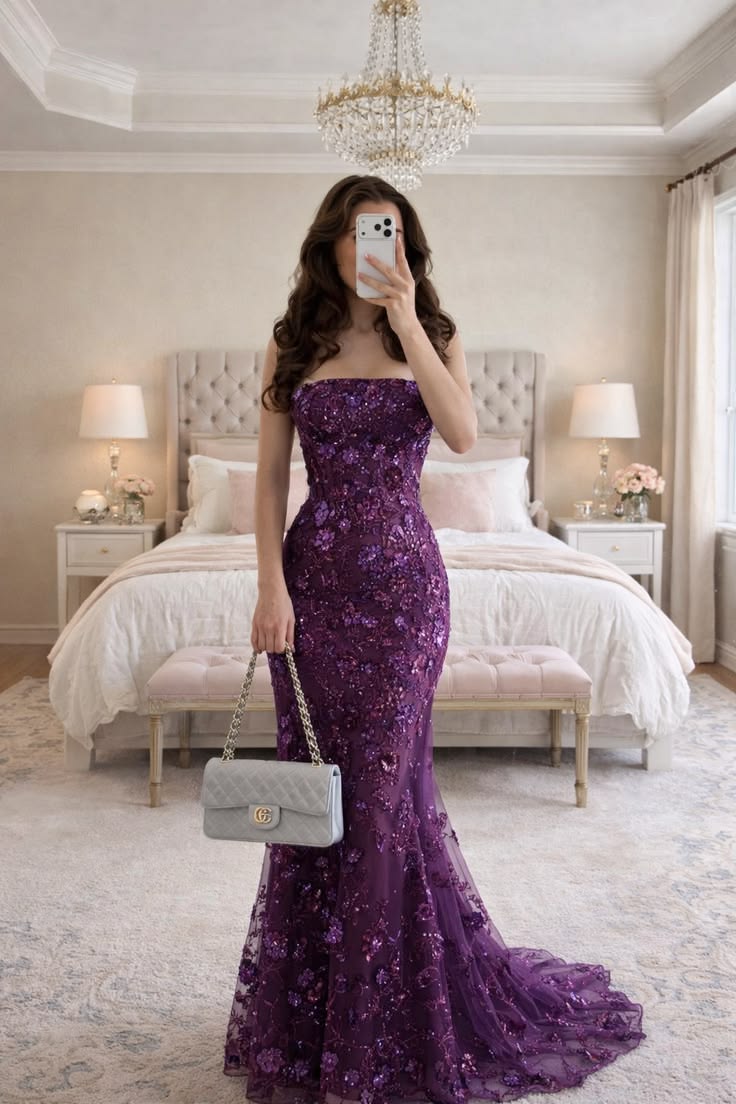 Dreamy Mermaid Strapless 3D Floral Beaded Purple Tulle Long Prom Dress Evening Dress DP6900