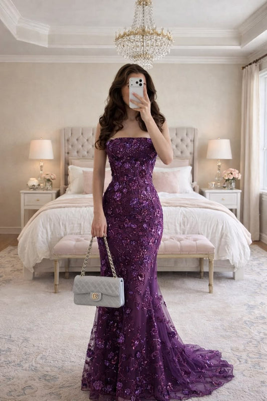 Dreamy Mermaid Strapless 3D Floral Beaded Purple Tulle Long Prom Dress Evening Dress DP6900