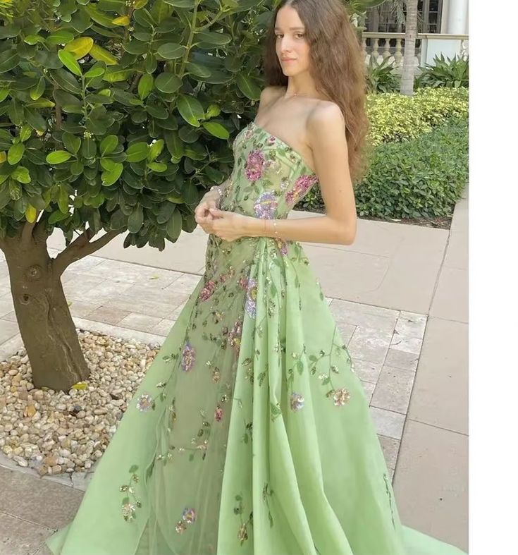 Green A Line Strapless Floral Sequin Tulle Prom Dress Party Dress Evening Dress DP3529