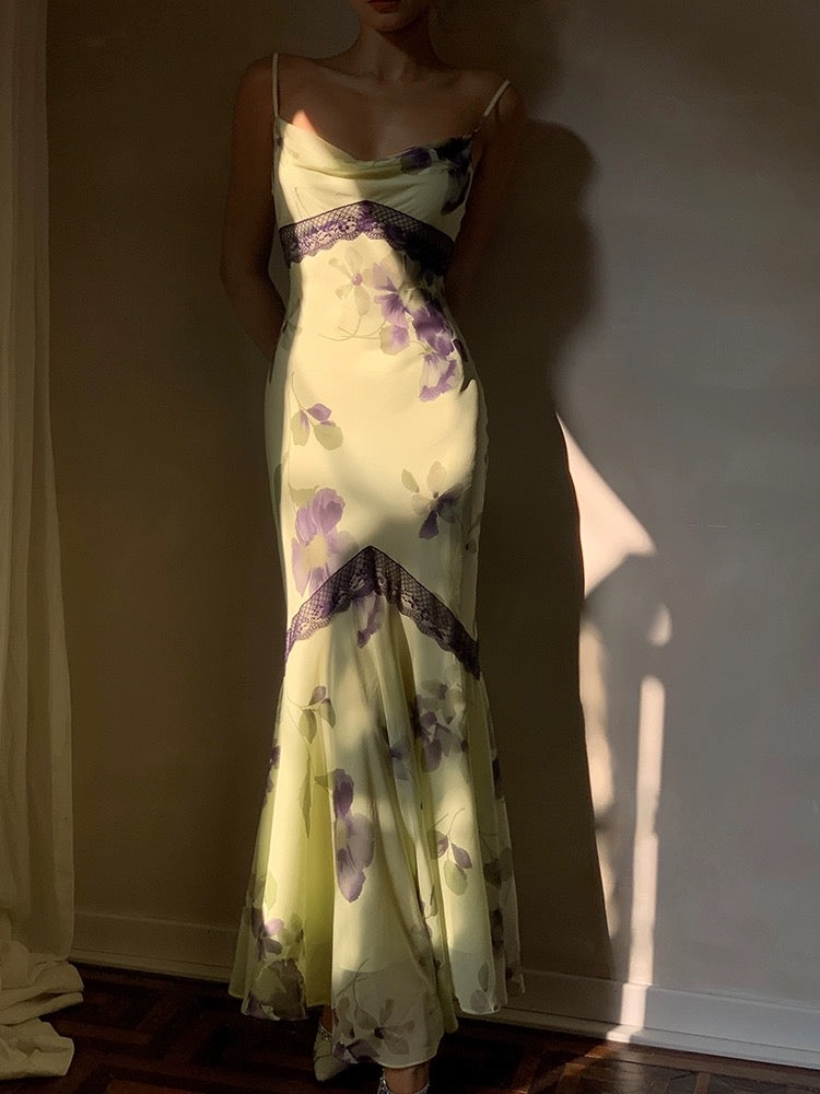 Green Mermaid Spaghetti Purple Print Floral Chiffon Prom Dress Party Dress Outfits DP3530