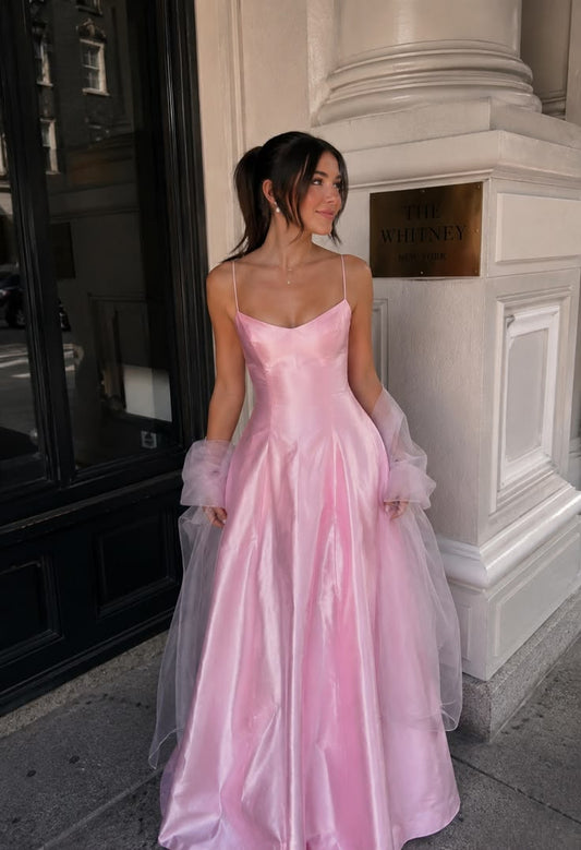 Simple Pink A Line Spaghetti Straps Satin Long Prom Dress Evening Dress DP6022
