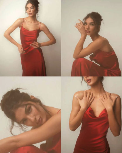 Simple Burgundy A Line Spaghetti Strap Satin Long Prom Dress Party Dress Wedding Guest Dress DP4115