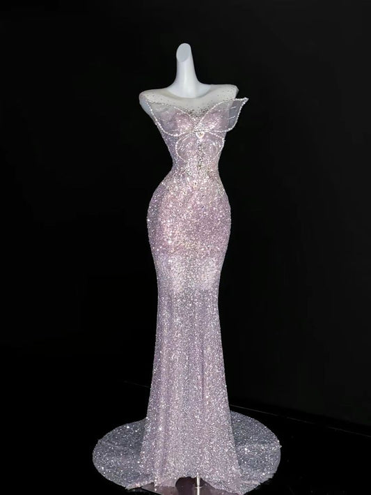 New Mermaid Round Neck Pink Butterfly Sequin Prom Dress Party Dress DP2689