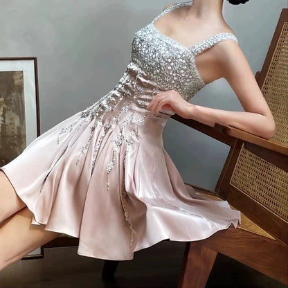 Gorgeous A Line Straps Beaded Rhinestone Pink Satin Short Homecoming Dress Birthday Dress DP2385