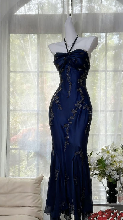 Vintage Mermaid Halter Beads Ruffles Chiffon Prom Dress Evening Dress DP1438