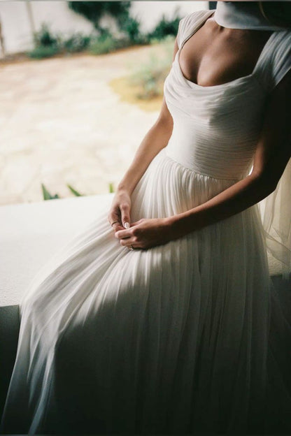 Ethereal Simple A Line Straps Pleated White Chiffon Prom Dress Wedding Dress DP7189