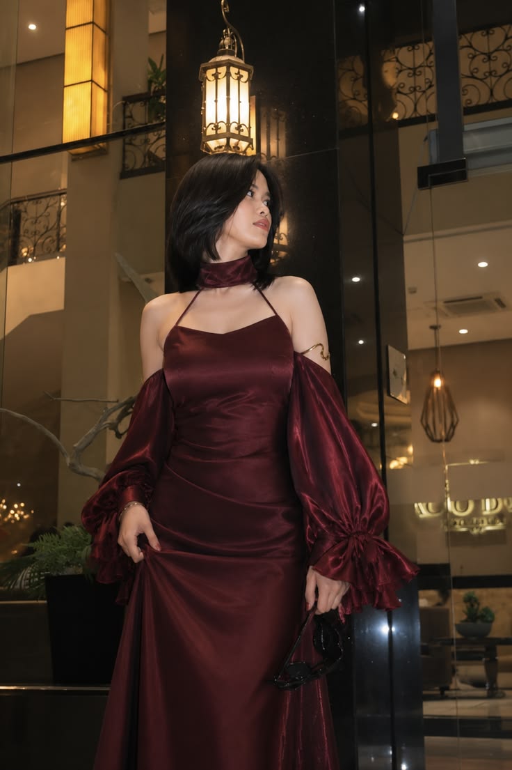 Unique A Line Halter Burgundy Satin Prom Dress Party Dress DP6557