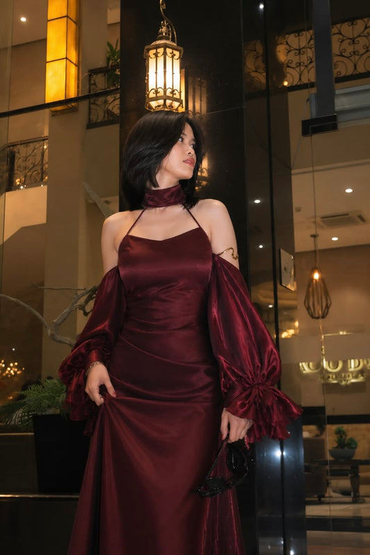Unique A Line Halter Burgundy Satin Prom Dress Party Dress DP6557