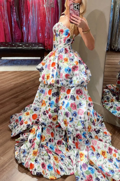 Stunning Colorful A Line Strapless Print Floral Layered Satin Evening Dress Prom Dress DP7647