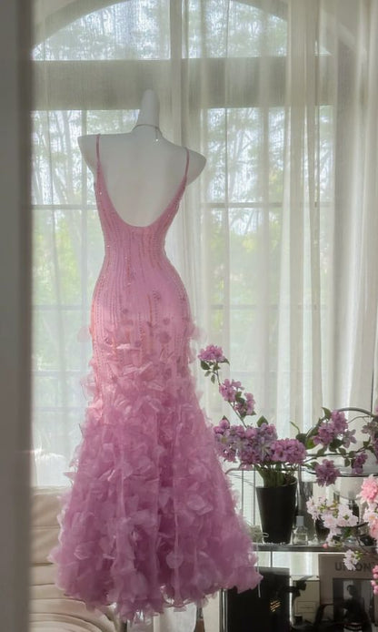 Vintage Pink Mermaid Straps Beaded Sequin Tulle Long Prom Dress Evening Dress DP4734