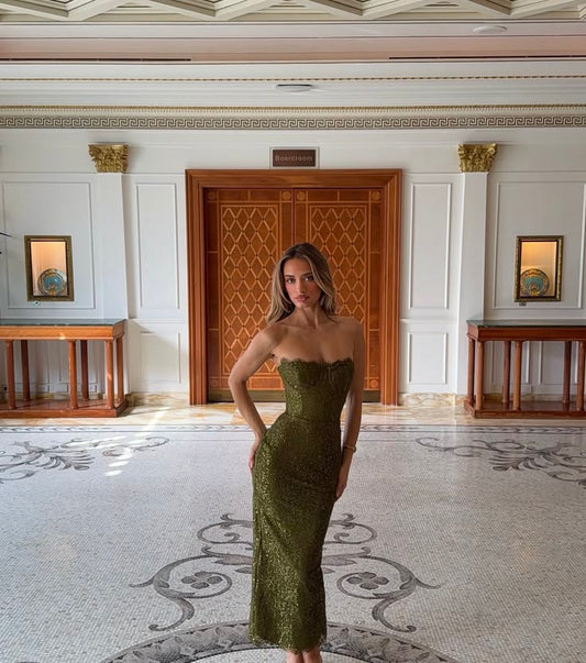 Olive Green Sheath Sweetheart Neck Lace Long Prom Dress DP8160
