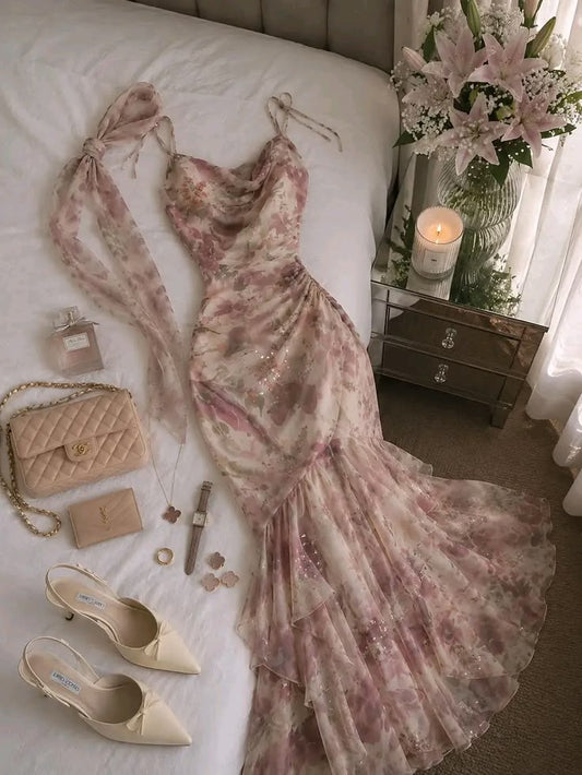 Gentle Pink Print Floral Mermaid Chiffon Prom Dress Evening Dress DP5719