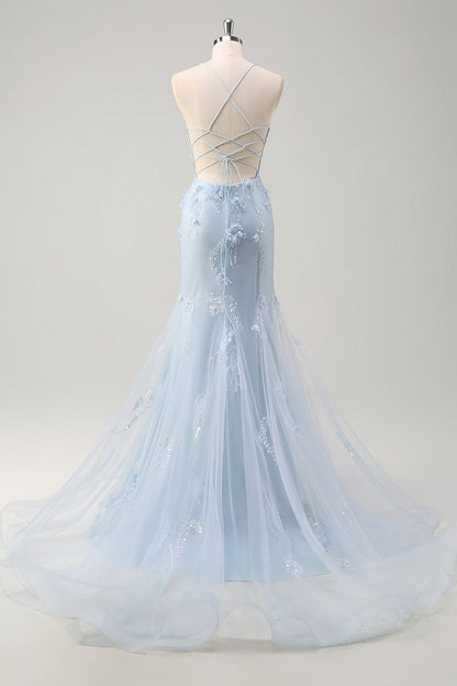 Sparkly Blue Mermaid 3D Flowers Satin Tulle Long Prom Dress Evening Dress DP1326
