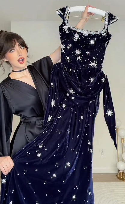 Stunning Navy Blue A Line Strap Shiny Beaded Velvet Long Prom Dress Evening Dresses DP7585