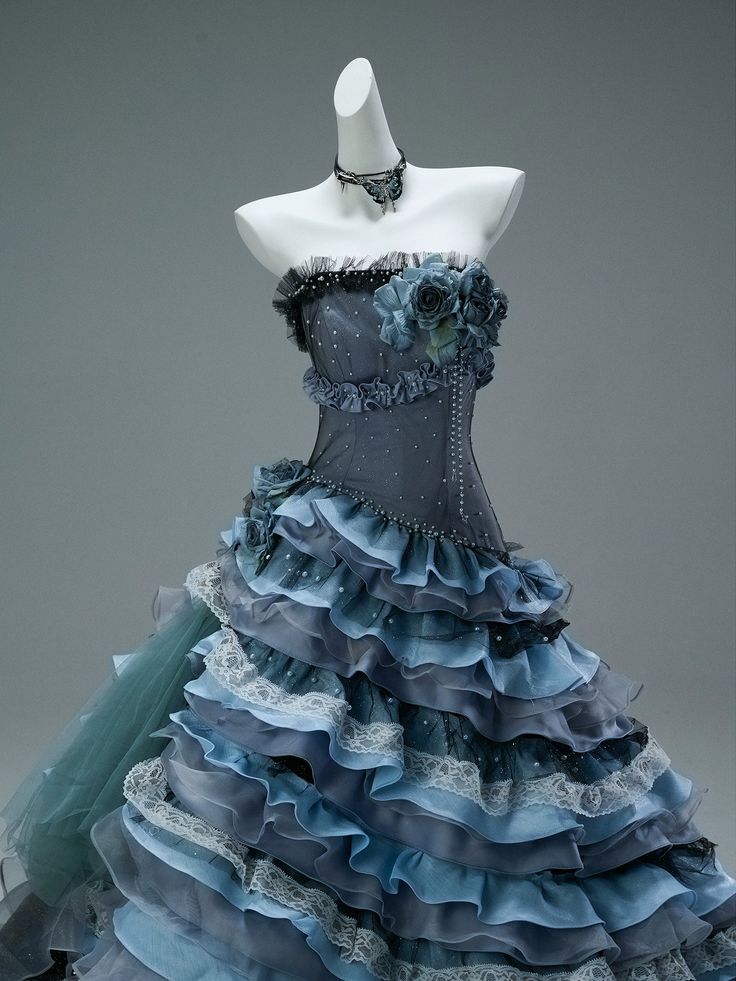 Princess Dark Blue Ball Gown Strapless Beaded Layered Organza Prom Dress 16th Birthday Dress DP5390