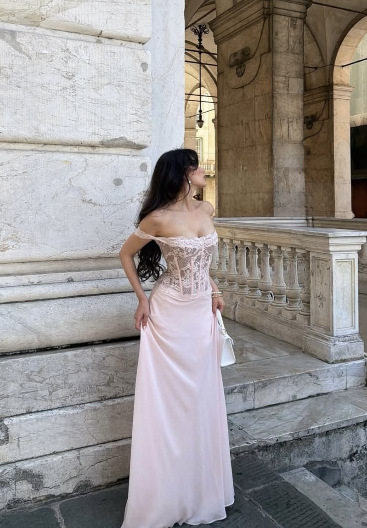 Gentle Light Pink A Line Off the Shoulder Lace Chiffon Long Prom Dress DP7781