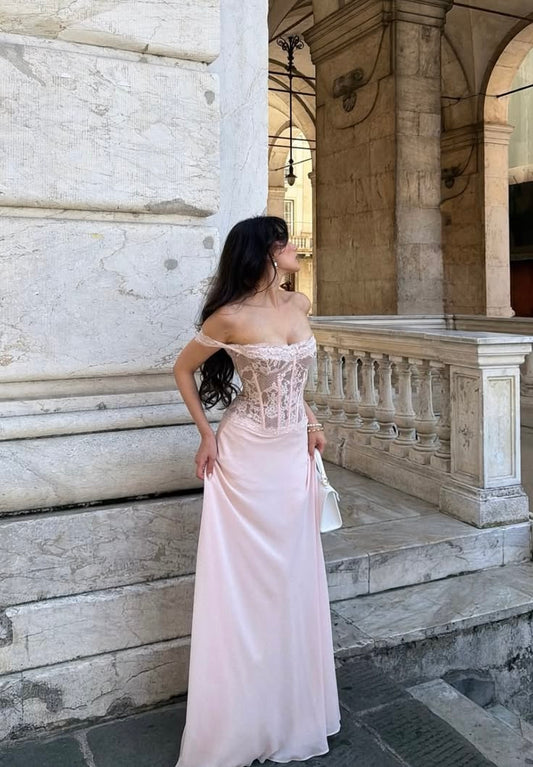 Gentle Light Pink A Line Off the Shoulder Lace Chiffon Long Prom Dress DP7781