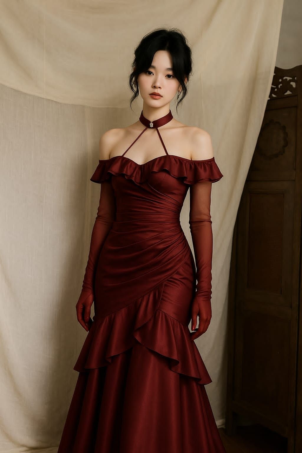 Burgundy Mermaid Long Sleeve Pleated Satin Long Prom Dresses Evening Gowns DP4207