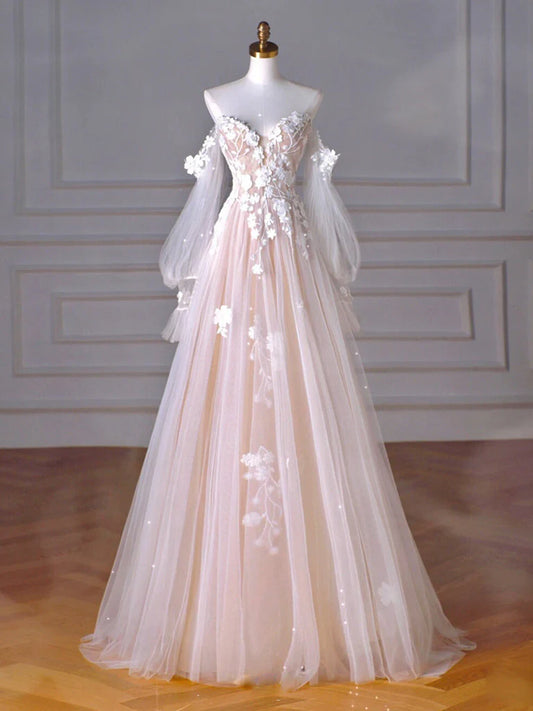 A Line Sweetheart Neck Long Sleeve Lace Tulle Light Champagne Long Prom Dress DP943