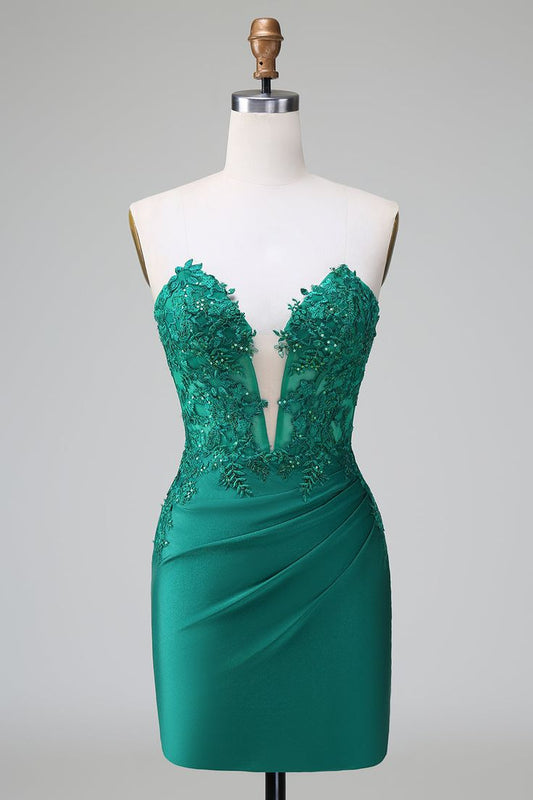 Sheath Strapless Deep V-Neck Applique Satin Short Prom Dress DP781
