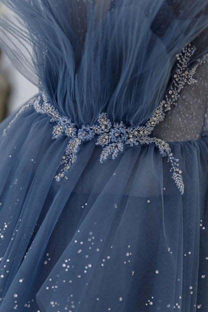 Stunning Exquisite Beaded A Line Strapless Layered Blue Tulle Prom Dress Evening Dress Date Dress DP3469