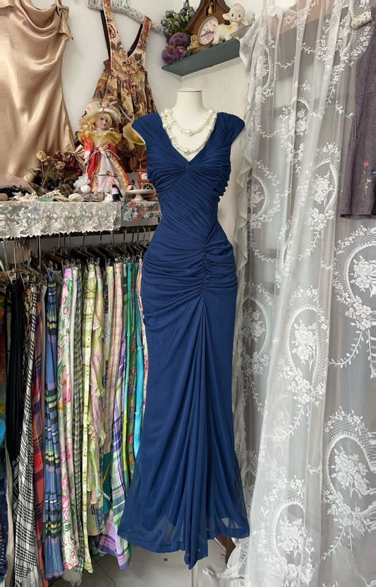 Vintage Fashion Mermaid V Neckline Navy Blue Floor Length Evening Dress Prom Dresses DP4065