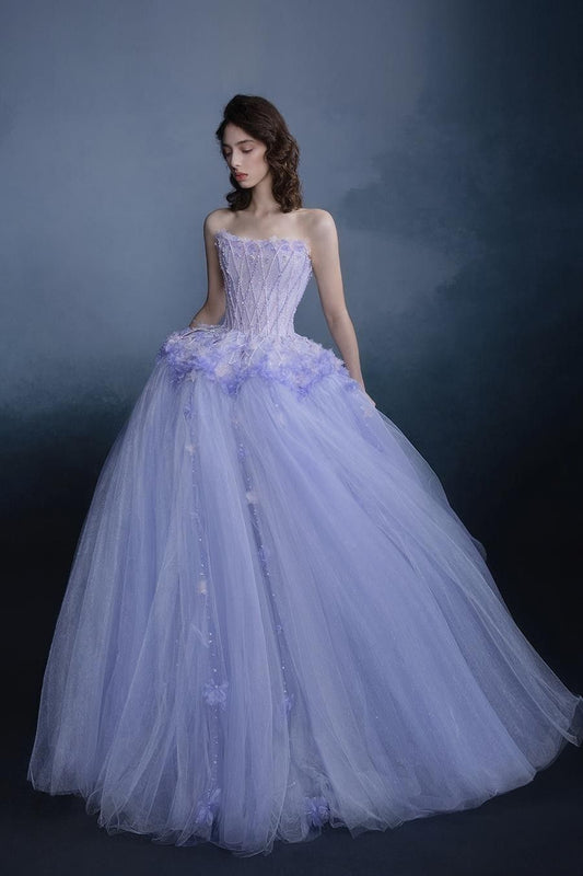 Dreamy Purple Ball Gown Strapless Beaded Floral Tulle 16th Birthday Dress Prom Dress DP3714