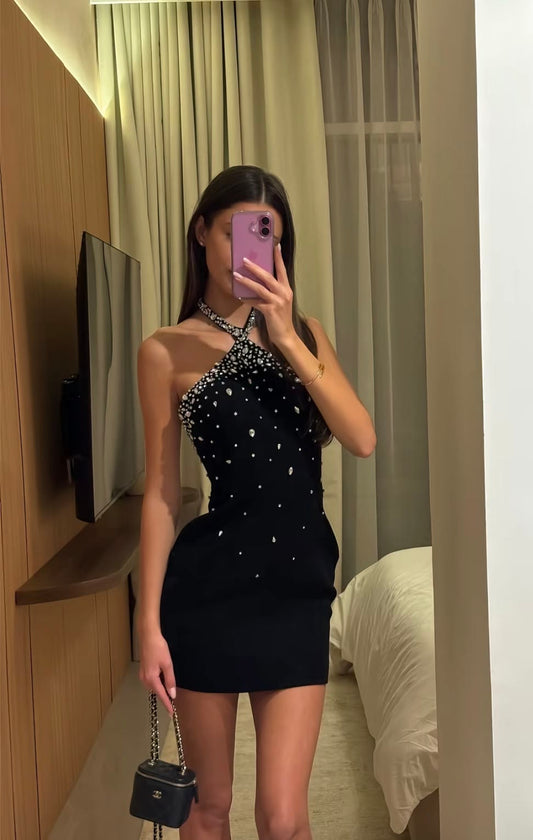 Shiny Rhinestone Sheath Halter Black Satin Short Homecoming Dress Outfits DP6888