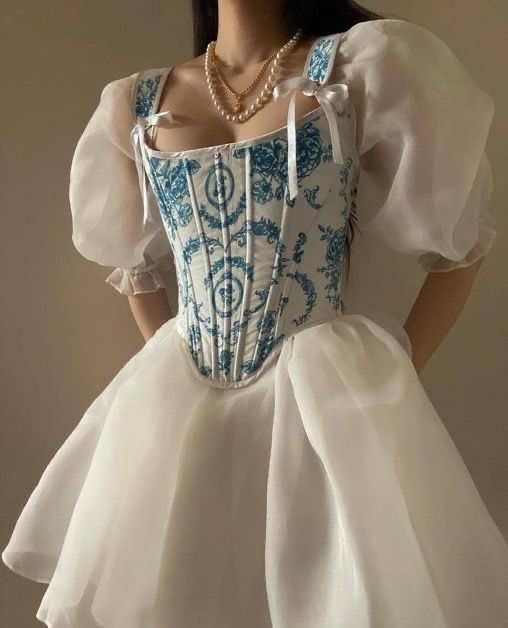 Cute A Line Puff Sleeve White Organza Blue Print Satin Short Prom Dress Homecoming Dress DP7010