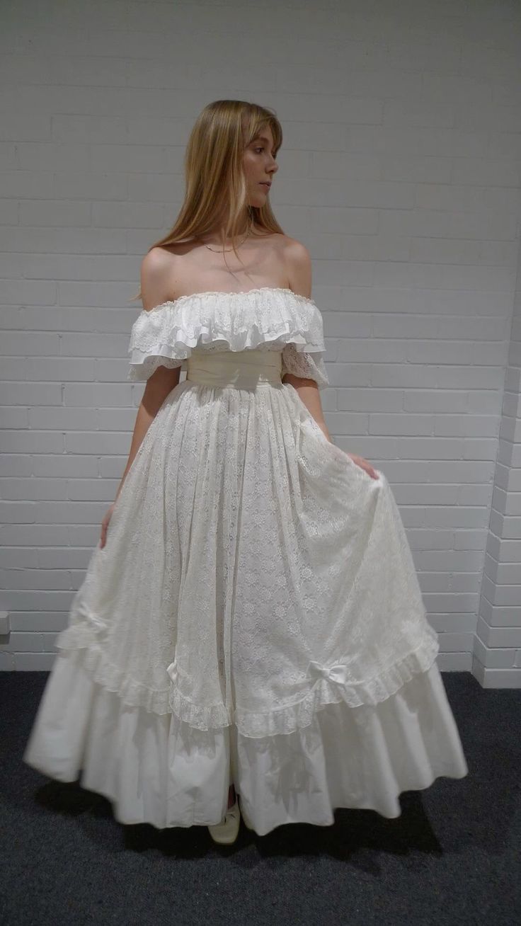 Vintage A Line Off the Shoulder White Lace Long Prom Dress Wedding Dress DP6865