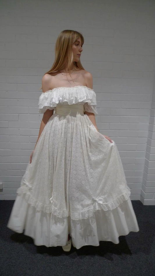 Vintage A Line Off the Shoulder White Lace Long Prom Dress Wedding Dress DP6865