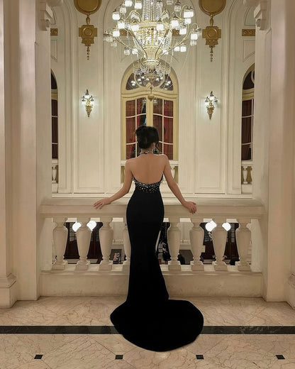 Sexy Mermaid Halter Rhinestone Black Satin Prom Dress Formal Gown DP3668