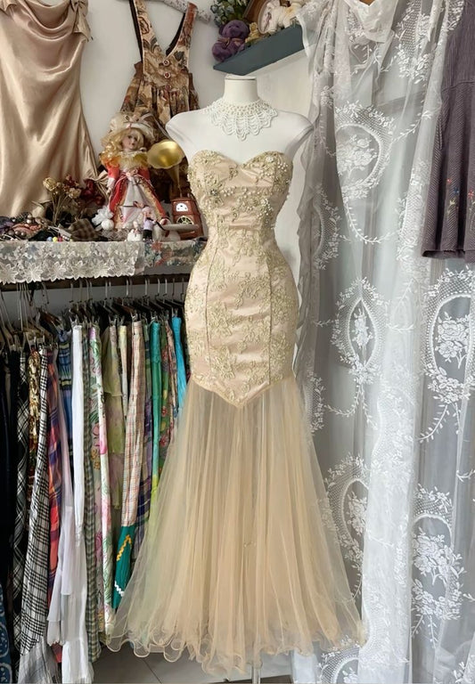 Champagne Mermaid Sweetheart Neck Appliques Satin Tulle Long Prom Dress Evening Dress DP2065