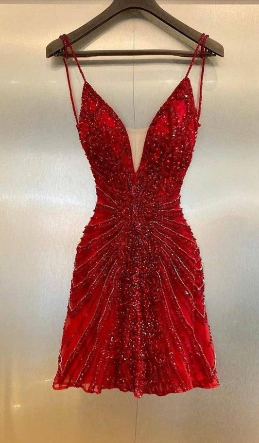 Burgundy Exquisite A Line V Neck Beaded Tulle Short Party Dress Homecoming Dress DP3010