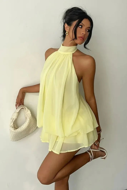 Yellow Sexy Backless Halter Tie Waist Slim Fit Ruffled Mini Dress Homecoming Dress DP5909