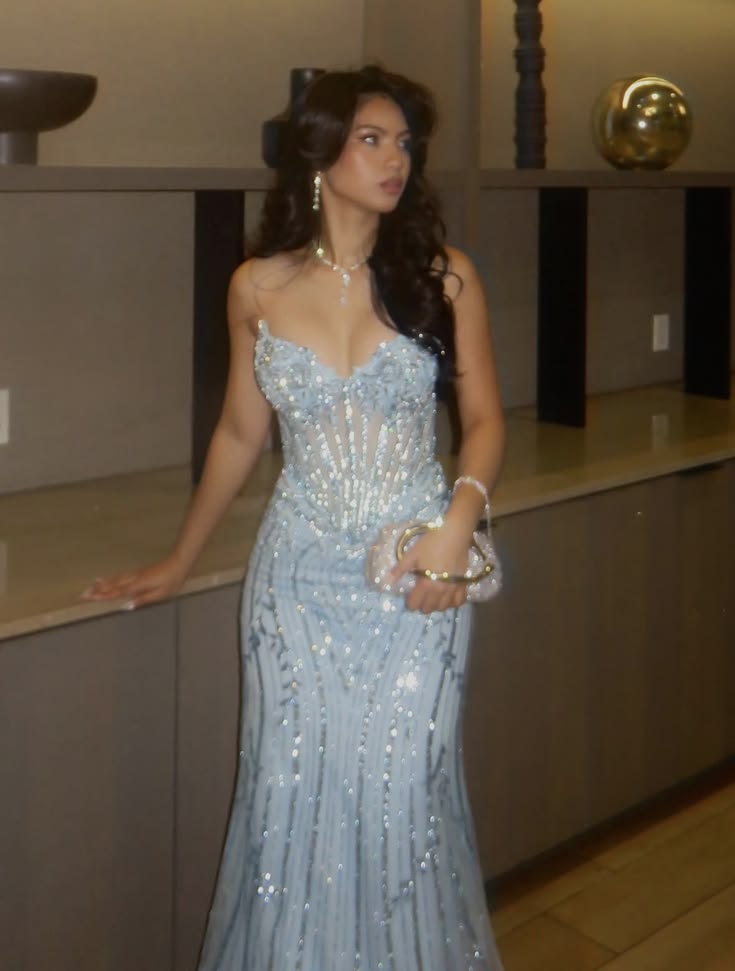 Dreamy Baby Blue Mermaid Sweetheart Neck Sequin Tulle Prom Dress Evening Dress DP7175