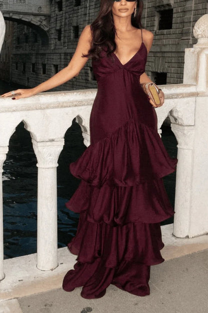 Unique A Line Spaghetti Strap Layered Satin Prom Dress Evening Dress DP5576