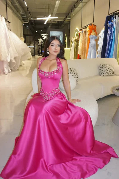 Hot Pink A Line Halter Shiny Beaded Satin Prom Dress Evening Dress DP5972